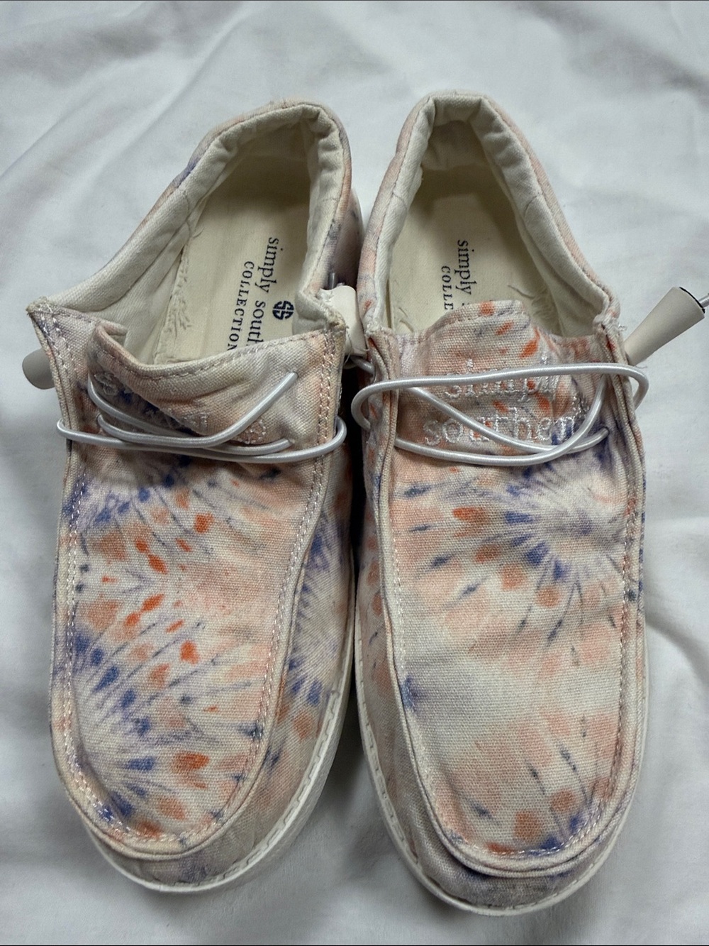 Simply Southern Women's Tie-Dye Moccasins in Peach, pink, navy & purple Accents